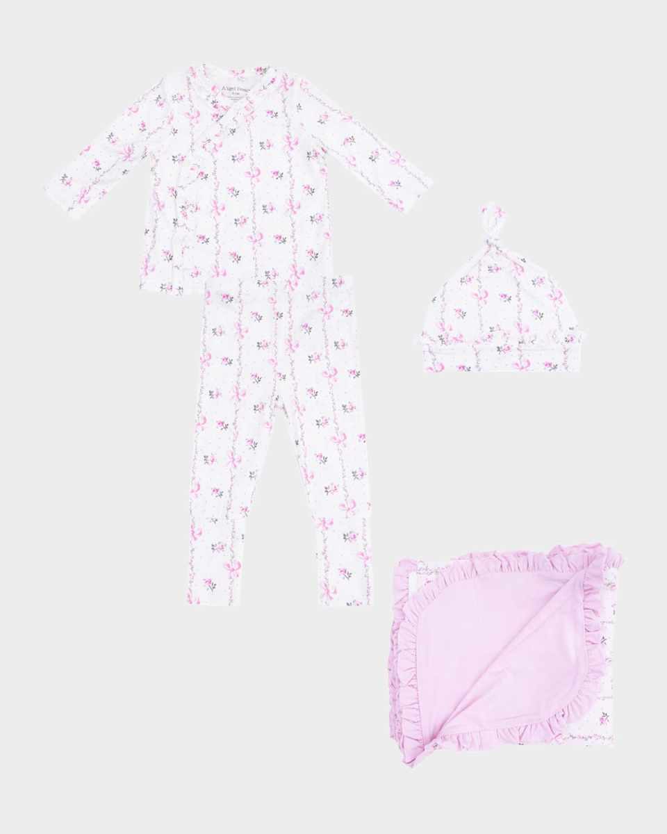 Girl's Dainty Buds and Bows Stripe 4-Piece Set, Size Newborn-3M